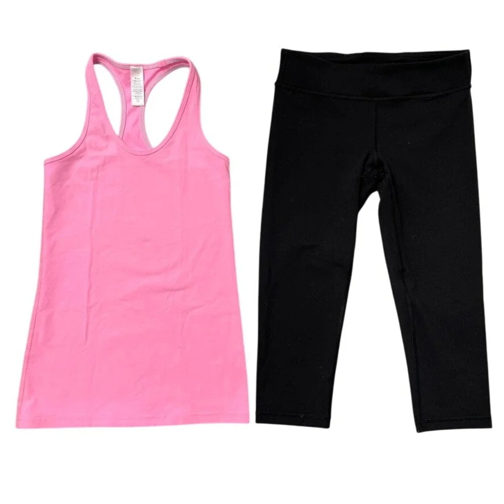 Ivivva Activewear Set Girls Size 12 Pink Tank Top Black Cropped Leggings 2pc